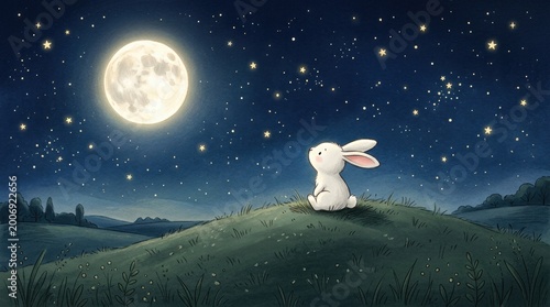 Cute white bunny sitting on grassy hill looking up at bright full moon and starry night sky, whimsical illustration
