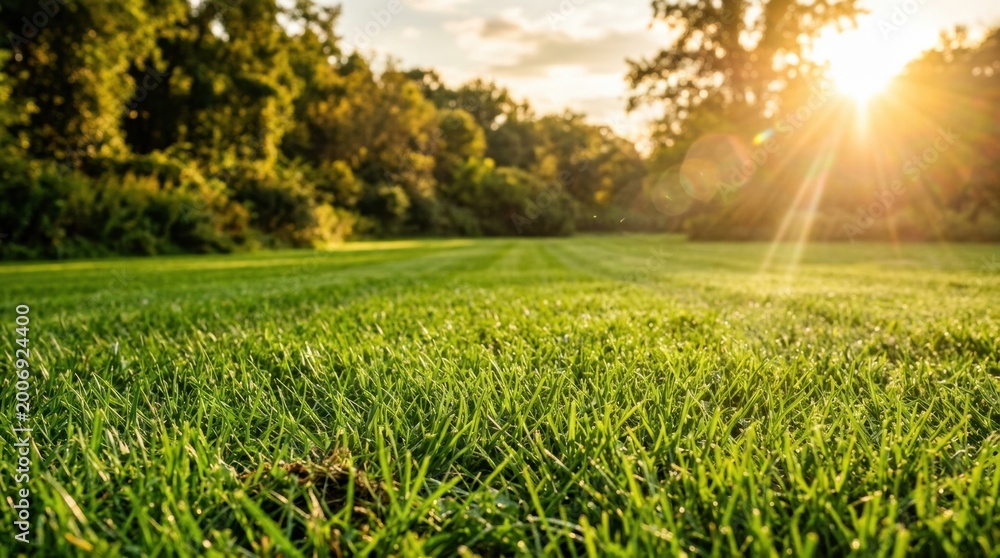 Fototapeta premium Lush green grass field with sunbeams shining through trees at sunset, low angle view