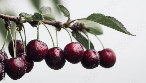 Close-up of Ripe Dark Cherries Hanging on a Branch with Green Leaves.