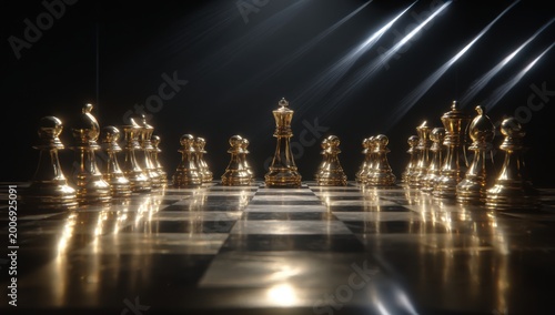Golden Chess Pieces Arranged on a Chessboard in Dramatic Lighting.