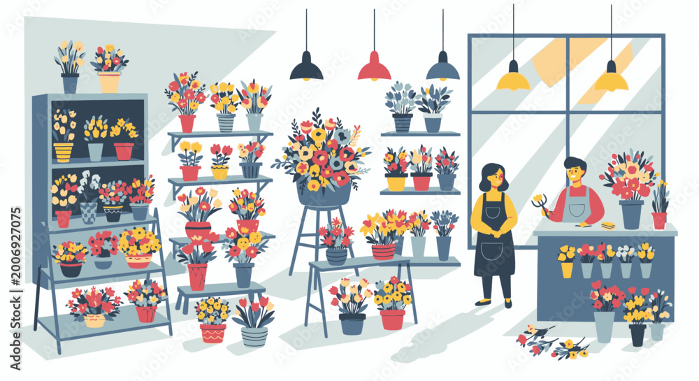 Fototapeta premium Flower shop interior illustration with flowers on display and shop assistants