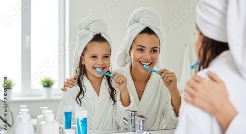 Family morning routine showing a smiling mother teaching her daughter how to brush teeth properly.