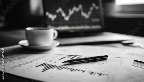 Close-up of a coffee cup and pen on financial documents with a laptop displaying a stock chart in the background.