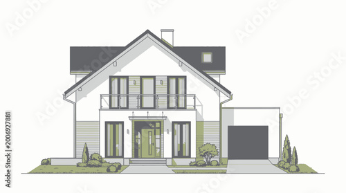 Foto Modern Family House with Gabled Roof and Garage in Bright Studio