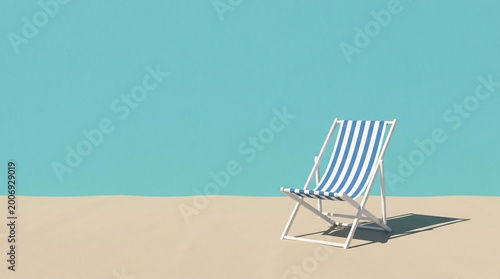 a blue and white striped beach chair on a sandy beach isolated on transparent background