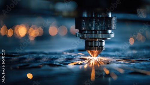 Precision Laser Cutting Machine Engraving Metal with Sparks Flying.