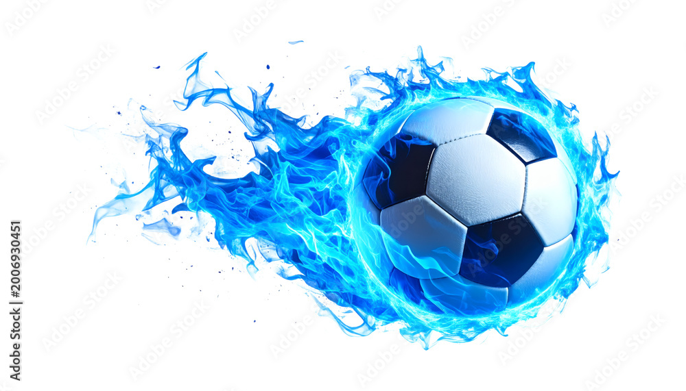 Naklejka premium Intense soccer ball enveloped in vibrant blue mystical fire energy creating a dynamic visual effect for sports media&nbsp;