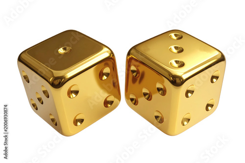Pair of gleaming metallic gold game dice, beautifully rendered in 3d, representing risk, opportunity, and the thrill of chance, isolated for card game design 