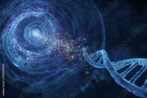 Close up of a glowing blue helix in the bottom right, with intricate, almost crystalline textures.