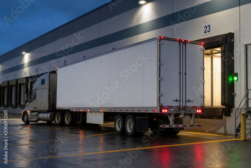 Modern semi-truck backed to an illuminated warehouse loading dock at night. Wet pavement reflects lights, highlighting global logistics and supply chain.