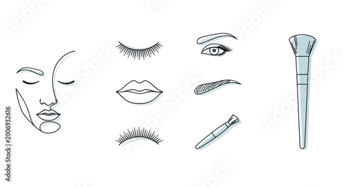 Minimalist Beauty Elements: Face Outline, Eyes, Lips, Eyebrows, Eyelashes, and Brush