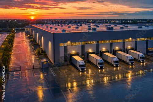Aerial view of a modern logistics warehouse with numerous semi trucks backed into loading docks at a vibrant, colorful sunset. Busy distribution center operations.