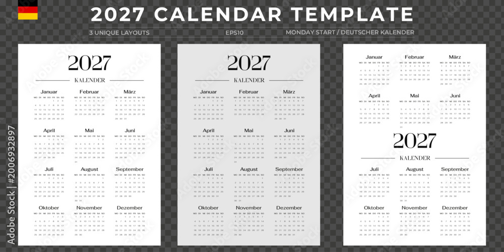 Fototapeta premium German 2027 yearly calendar template set, Monday start, 3 unique minimalist vertical layouts