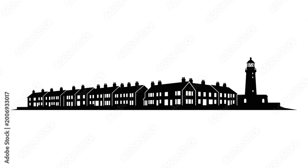 Obraz premium Coastal Town Silhouette with Lighthouse and Row Houses