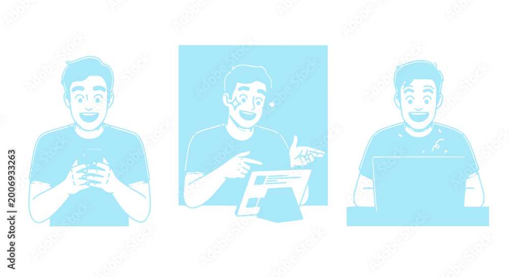 Fototapeta premium Man using smartphone, tablet with augmented reality, and laptop - modern technology usage