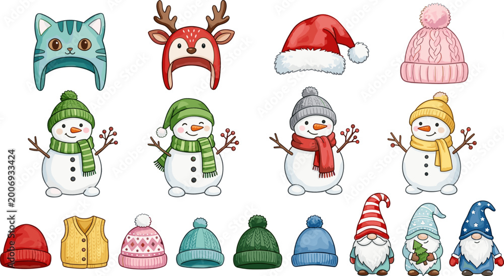 Fototapeta premium Winter Hats and Snowman Vector Set with Christmas Beanies, Santa Cap, Gnome Characters and Cute Seasonal Accessories for Holiday Design