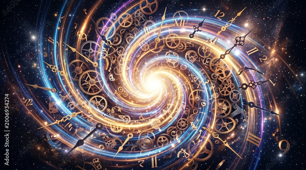 Fototapeta premium Desain langit-langit katedral tua dengan ornamen fraktal emas berbentuk spiral galaksi yang menyerupai pola jam antik di ruang angkasa dalam latar belakang lingkaran abstrak yang artistik
