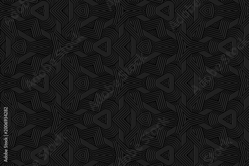 Ethnic black background, banner, cover design, mural. Geometric embossed abstract pattern. Tribal ornaments, arabesques, mandalas. Artistic motifs of the East, Asia, India, Mexico, Aztecs, Peru.