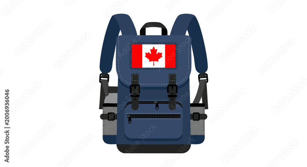 Fototapeta premium Blue backpack with Canadian flag patch. Vector illustration for travel, school, or tourism concepts