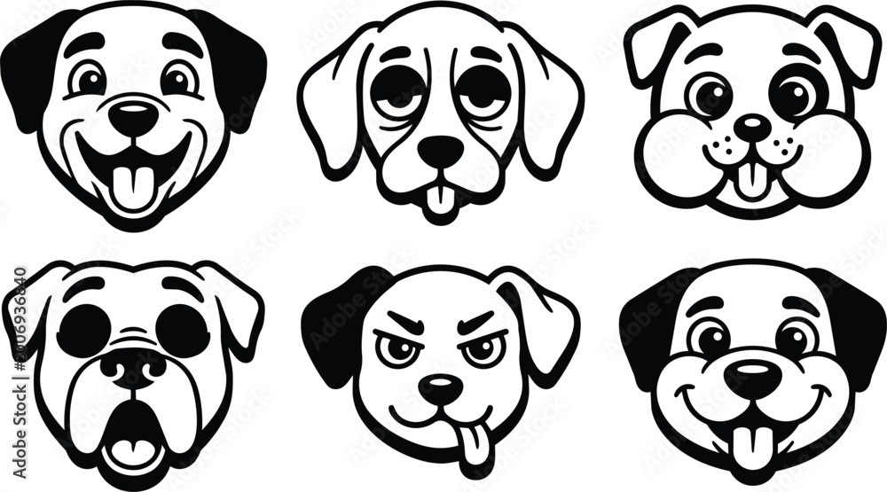 Fototapeta premium Black and white line art set six dog faces with varied expressions and tongues out