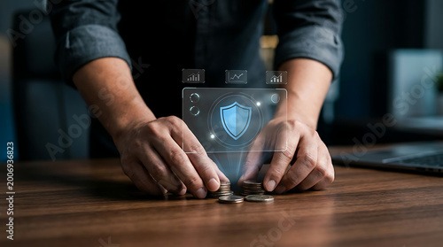 Professional businessman manually managing stacks of coins with a digital holographic shield interface representing financial security and asset protection strategy
