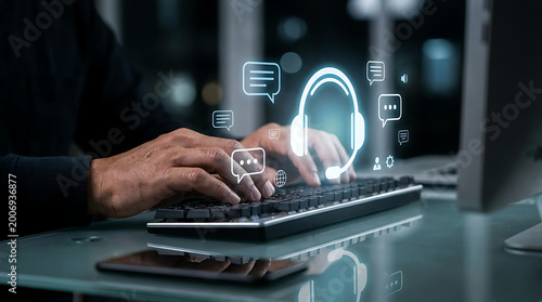 Professional customer support representative typing on a modern keyboard with glowing blue holographic headset and chat bubble icons representing digital communication services