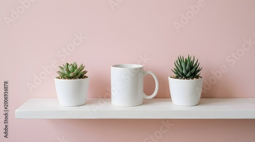 Clean minimalist shelf decor with white coffee mug and two green succulent plants in white pots against a soft pink wall, creating a modern, tranquil interior design statement
