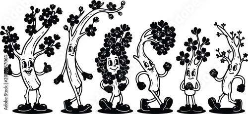 Retro cartoon cherry blossom branch characters with smiling faces walking poses black and white spring