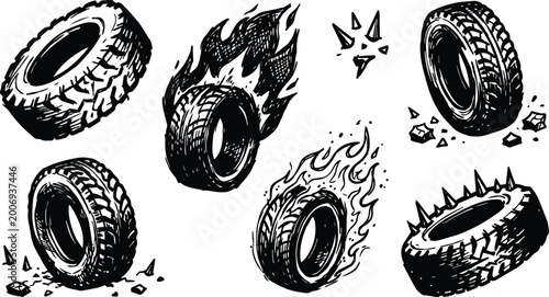 Black and white line art flaming and spiked tires sketch with motion debris