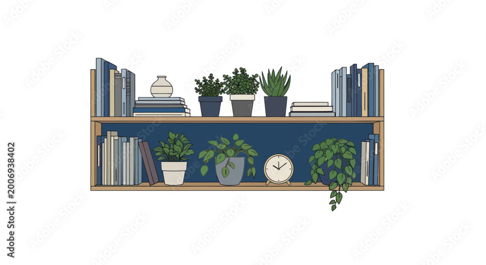 Naklejka premium Minimalist Bookshelf with Potted Plants and Clock - Cozy Home Decor