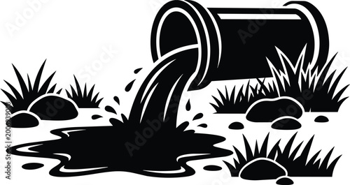 Black and white pipe pouring liquid into grassy puddle vector line art landscape