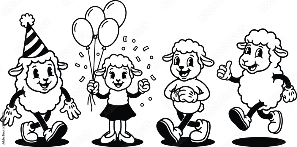 Obraz premium Black and white retro cartoon sheep with balloons confetti and party hat in row