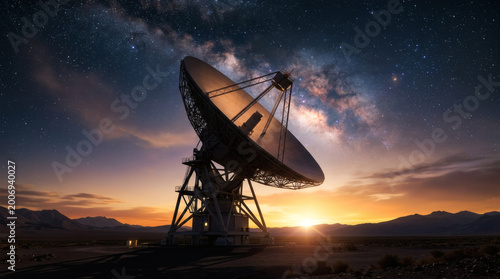 Satellite dish observatory scanning deep space signals at sunset.