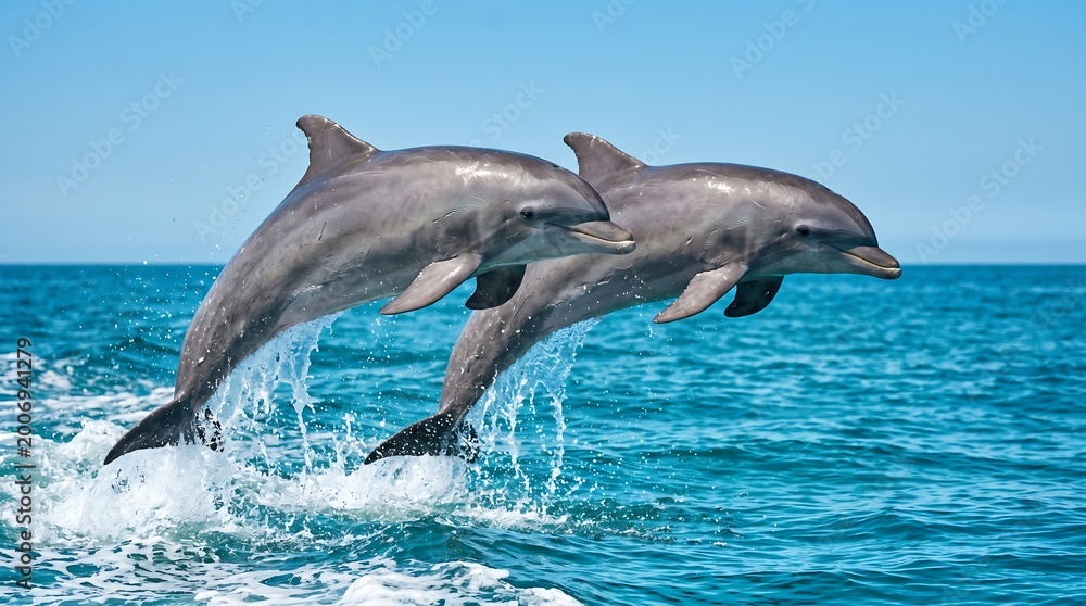 Fototapeta premium Two majestic bottlenose dolphins leap gracefully from the azure ocean waves, their sleek bodies glistening under the bright clear sky, showcasing the beauty of marine wildlife in their natural habitat