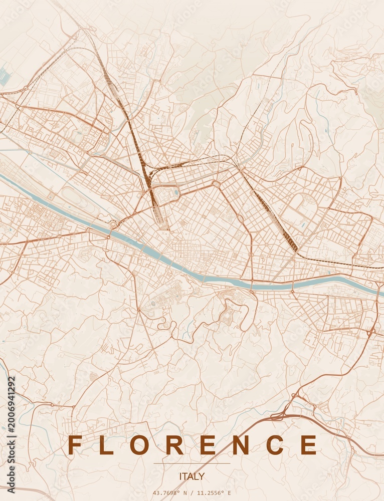 Obraz premium Florence Italy city map art print , Terracotta style with earthy terracotta and warm rust tones on sandy beige background. Minimalist wall art poster ideal for home, office and tr...