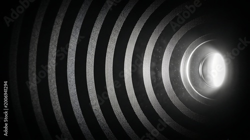 Close up of concentric circles in a futuristic tunnel with light at the end, 3D render