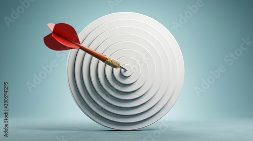 A bright red dart precisely hitting the bullseye of a white concentric circular target, symbolizing accuracy and achievement in a 3D render