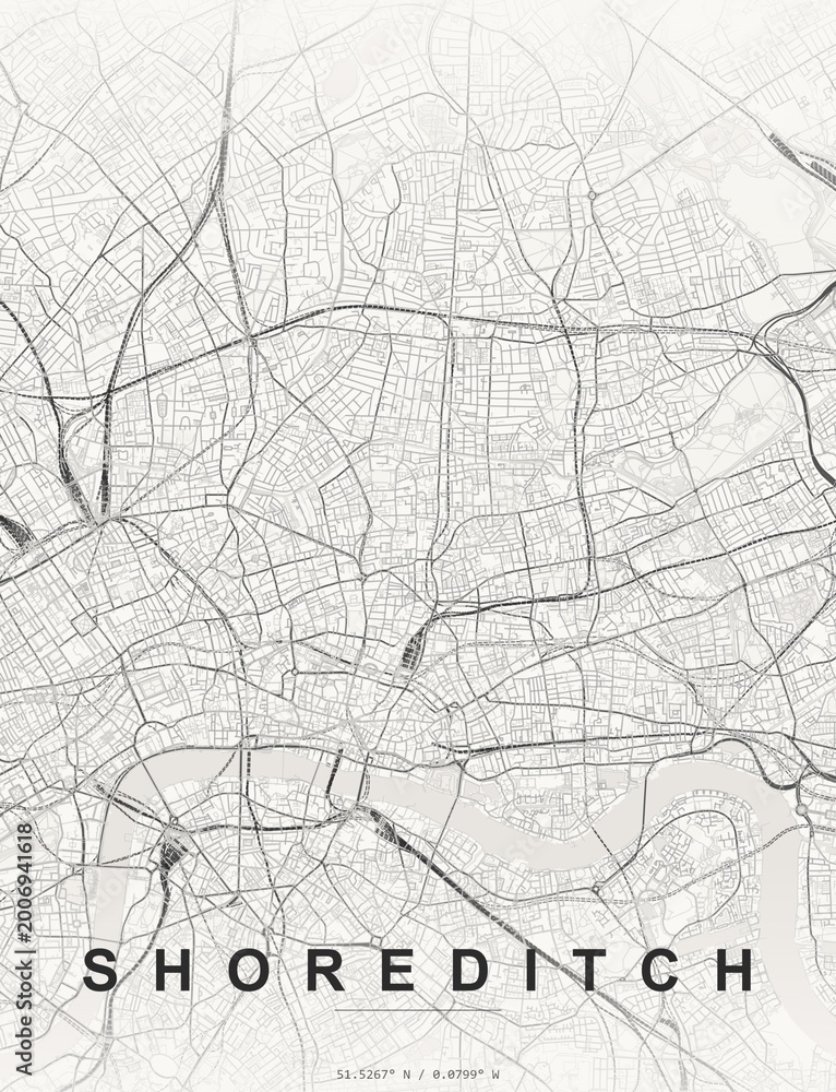Obraz premium Shoreditch UK city map art print , Japanese Ink style with minimalist Japanese ink-wash style with monochrome brush strokes. Minimalist wall art poster ideal for home, office and ...