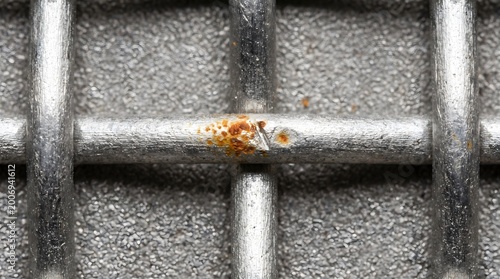 Close-up detail of metal grille with rust and texture, industrial corrosion and material study industrial texture background, macro pattern, copy space, manufacturing detail