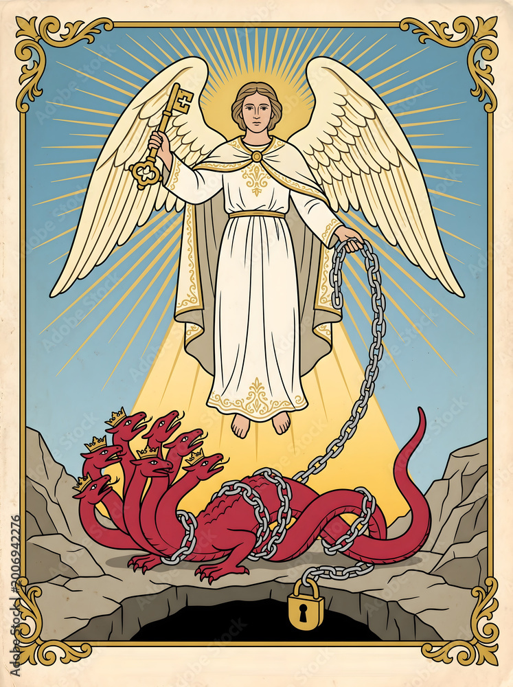 Obraz premium Catholic angel binding serpent revelation holy card illustration