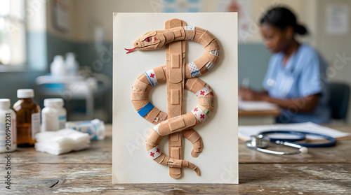 Rod of asclepius made from bandages representing healthcare
