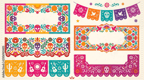 Día de muertos mexican papel picado frames and borders set