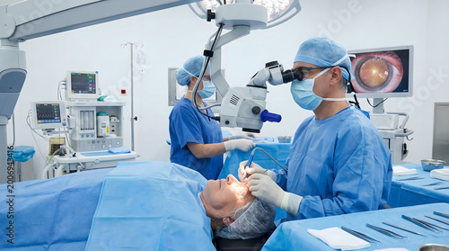 Surgeon performing eye surgery on patient in operating room
