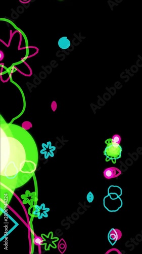 Neon lights swirl in vibrant green and pink circular forms creating an ethereal dance of glowing botanical shapes and abstract orbs that illuminate the surrounding dark and mysterious void.