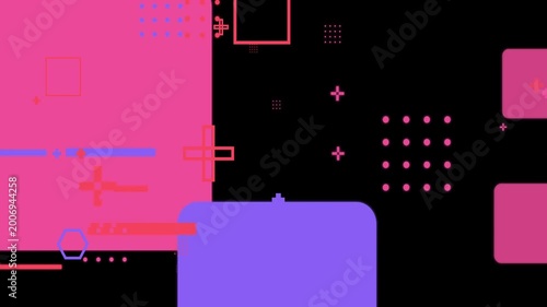 Squares in vibrant pink and purple tones hover across a dark canvas featuring assorted geometric markers and dotted grids that evoke a high-energy digital interface or modern multimedia workspace.