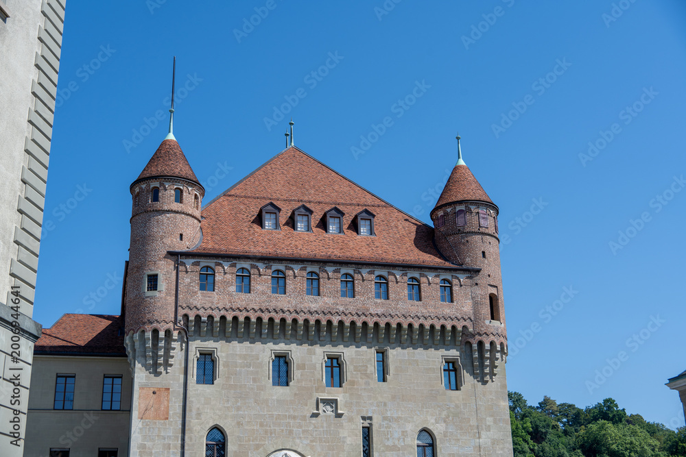 Fototapeta premium Historic castle building with towers in Lausanne, Switzerland