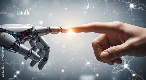 Human hand touching robotic finger in futuristic digital interface