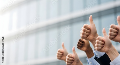Successful Diverse Business Team Giving Thumbs Up Outdoors in Front of Modern Office Building