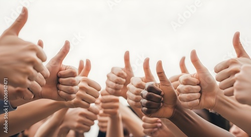 Group of Diverse Hands Giving Thumbs Up for Success, Positive Feedback and Teamwork Concept, Multi-ethnic Community Support Gesture