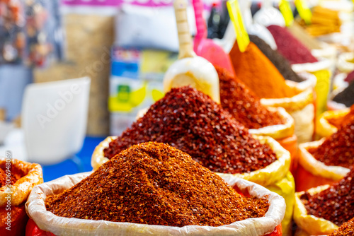 Obraz na plátne Mounds of Vibrant Spices at an Outdoor Antalya, Urfa, Gaziantep, Hatay Street Market